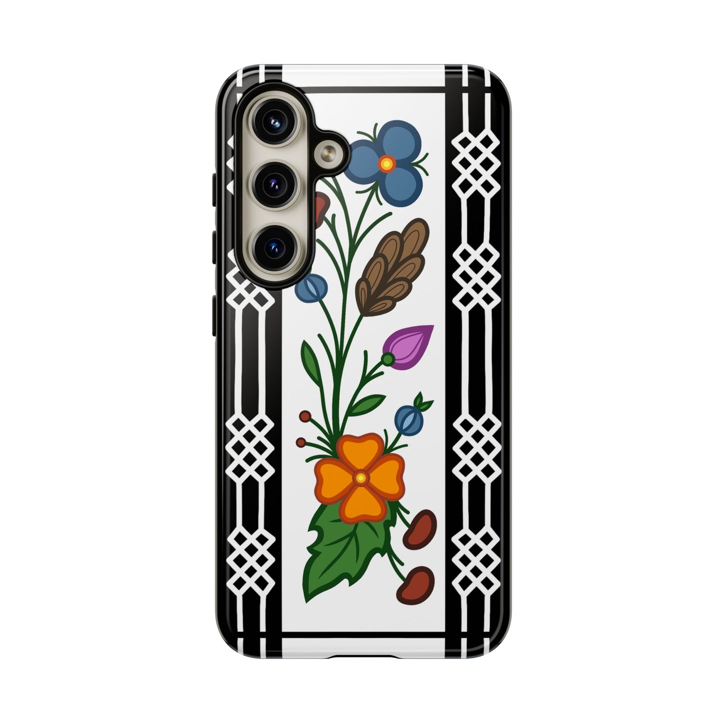 Ojibwe Floral Panel & Otter Track Geometric Border - Tough Phone Cases - Black