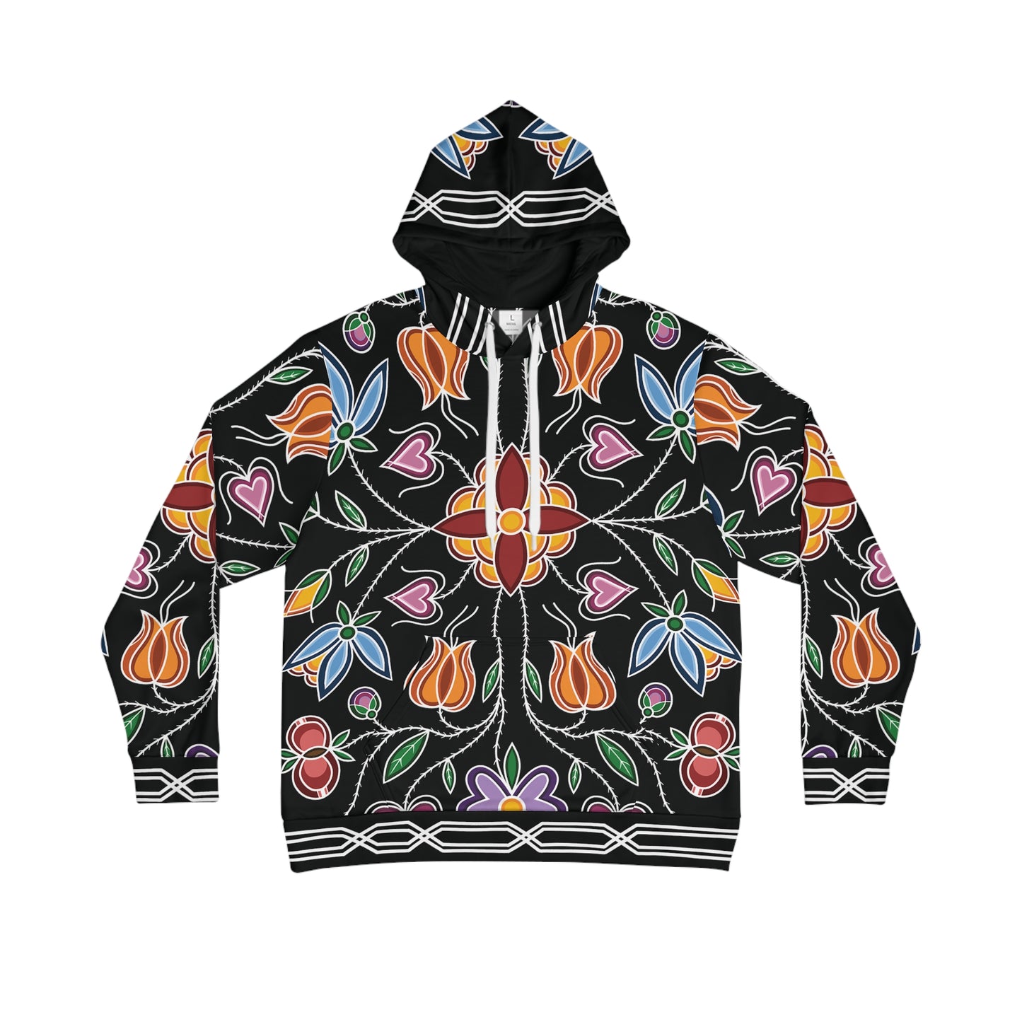 Aazhooningwa’on (bandolier bag) Inspired, Woodland Ojibwe Floral Panel Design with Otter Track Border Design - Unisex Hoodie