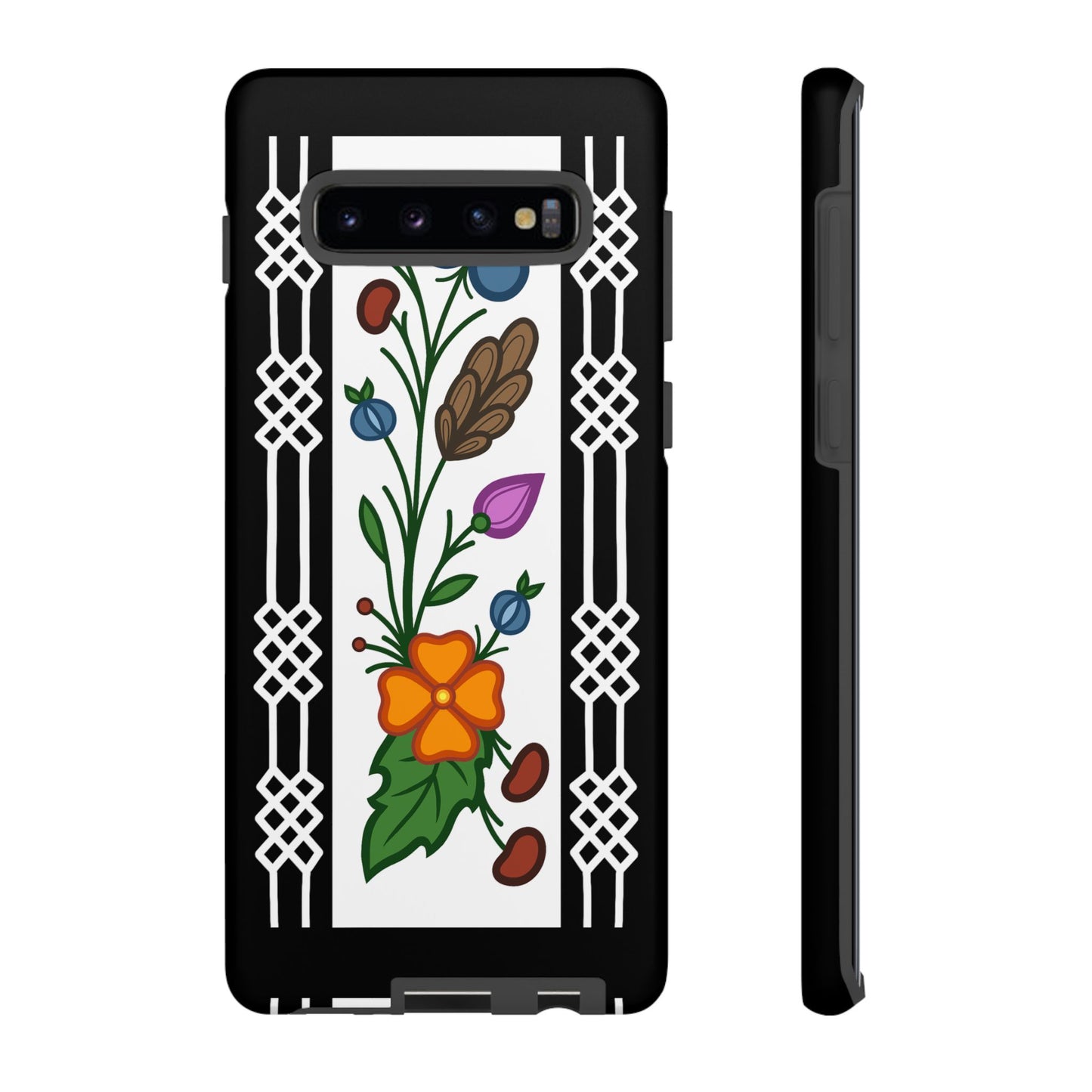 Ojibwe Floral Panel & Otter Track Geometric Border - Tough Phone Cases - Black