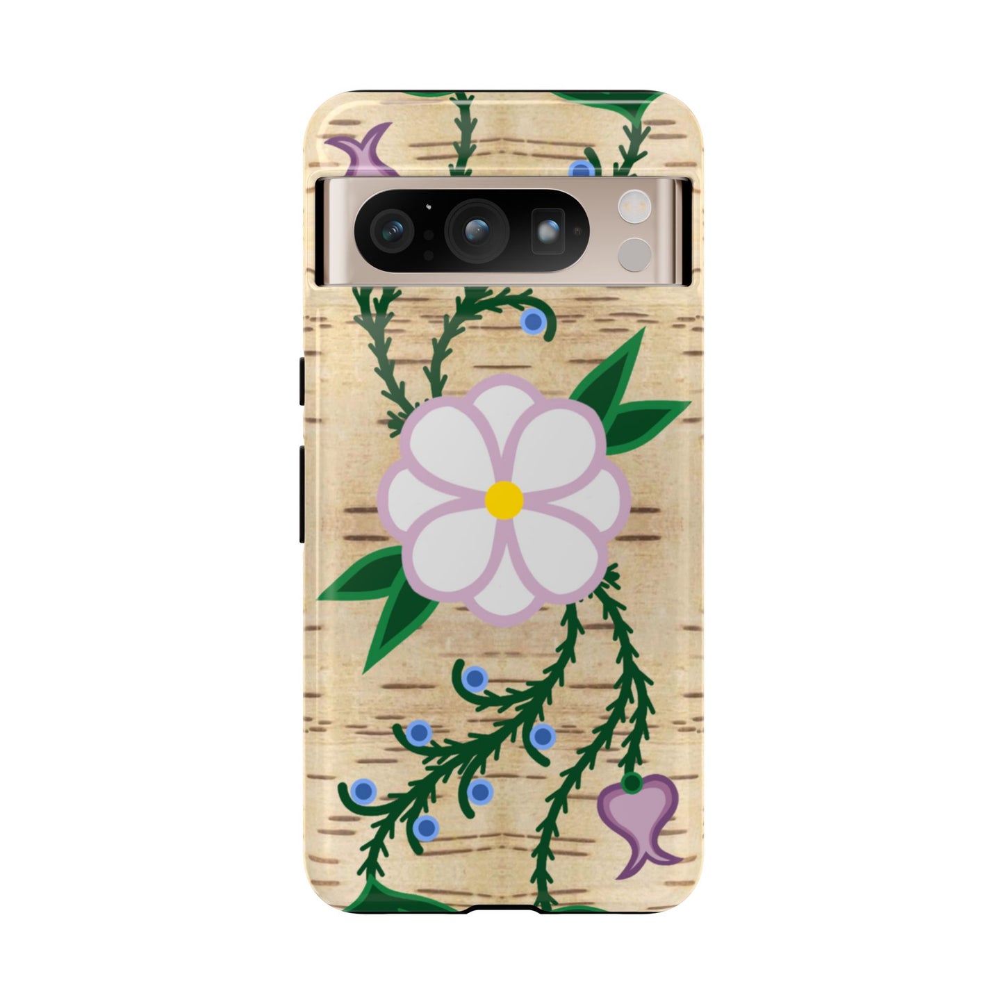 Birchbark Print Ojibwe Floral Tough Phone Cases - Black