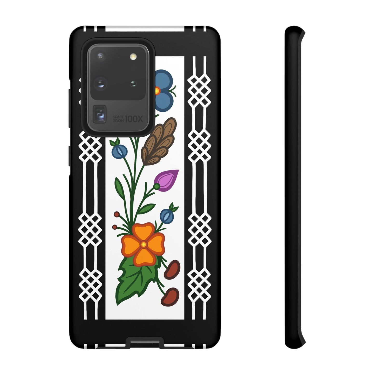 Ojibwe Floral Panel & Otter Track Geometric Border - Tough Phone Cases - Black