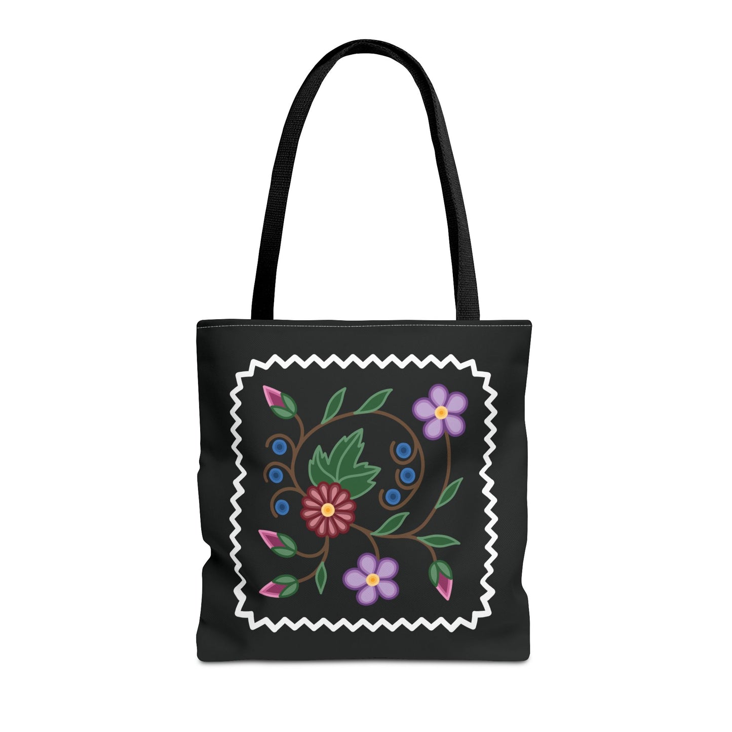 Woodland Style Ojibwe Floral Spiral Design - Tote Bag with Zig Zag Border Detail