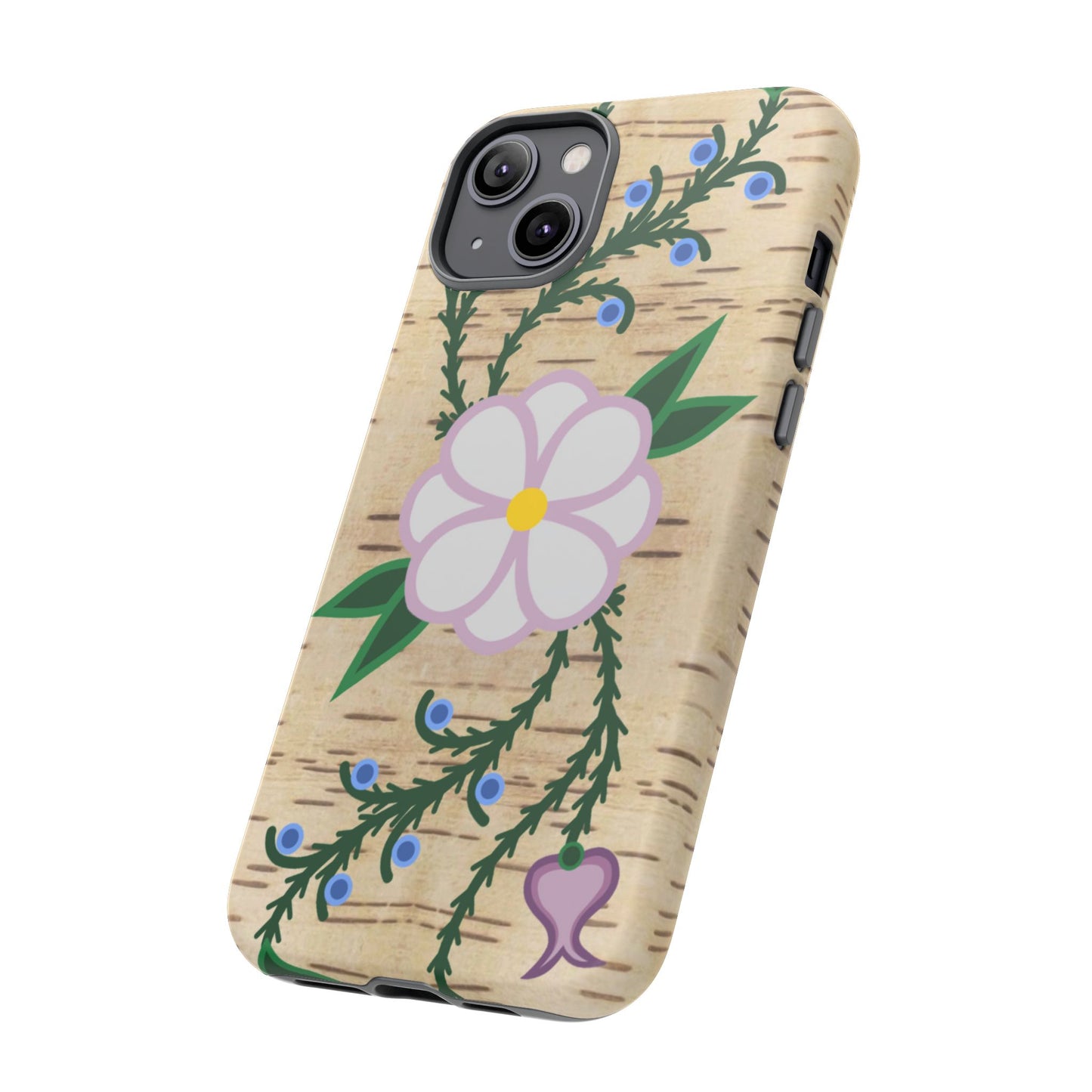 Birchbark Print Ojibwe Floral Tough Phone Cases - Black