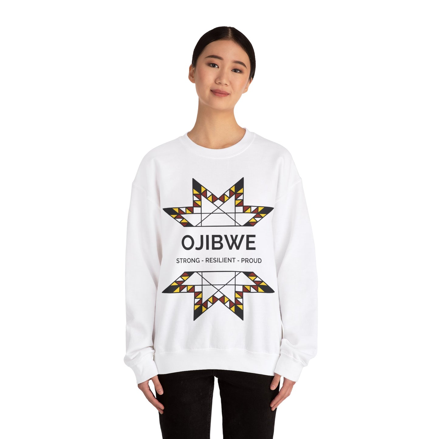 Ojibwe Pride Text & Geometric Star Design - Unisex Gildan Heavy Blend™ Crewneck Sweatshirt