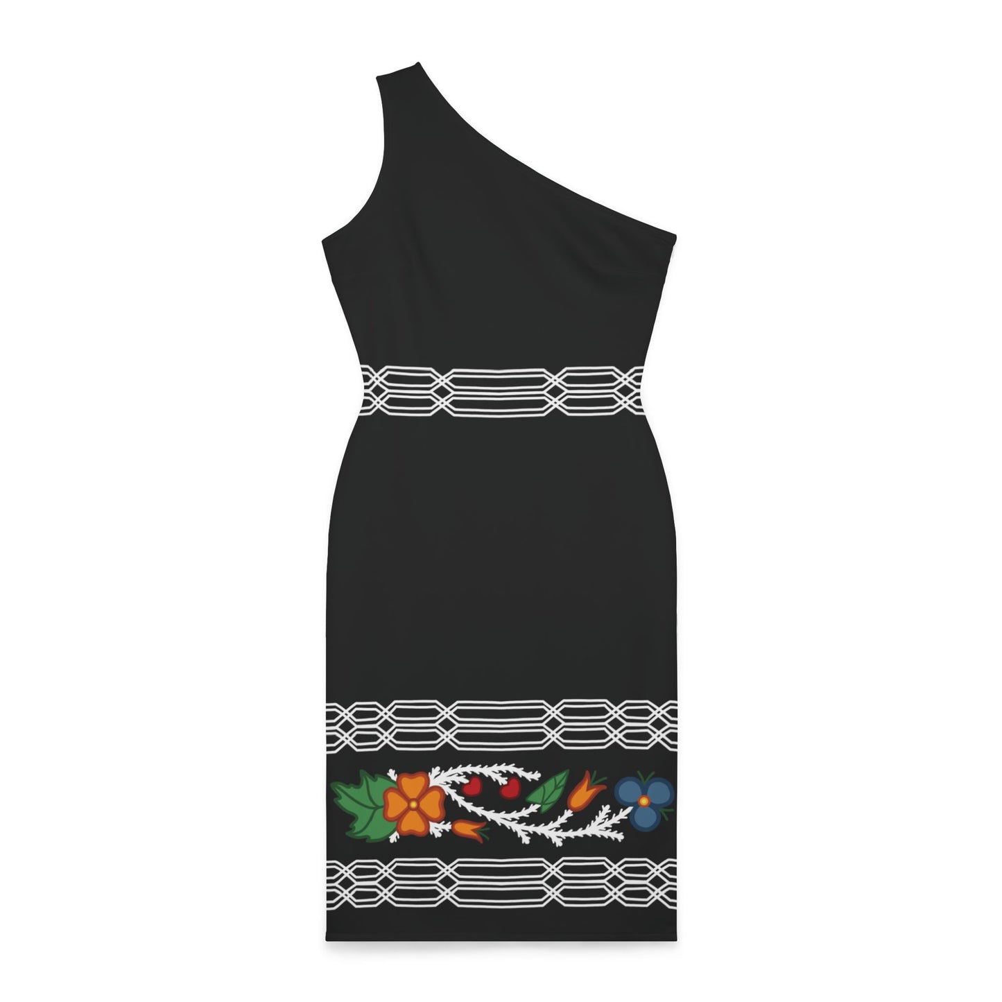 Otter Tail Pattern - Classy One Shoulder Strap Dress - Black Ojibwe Floral Panel Design