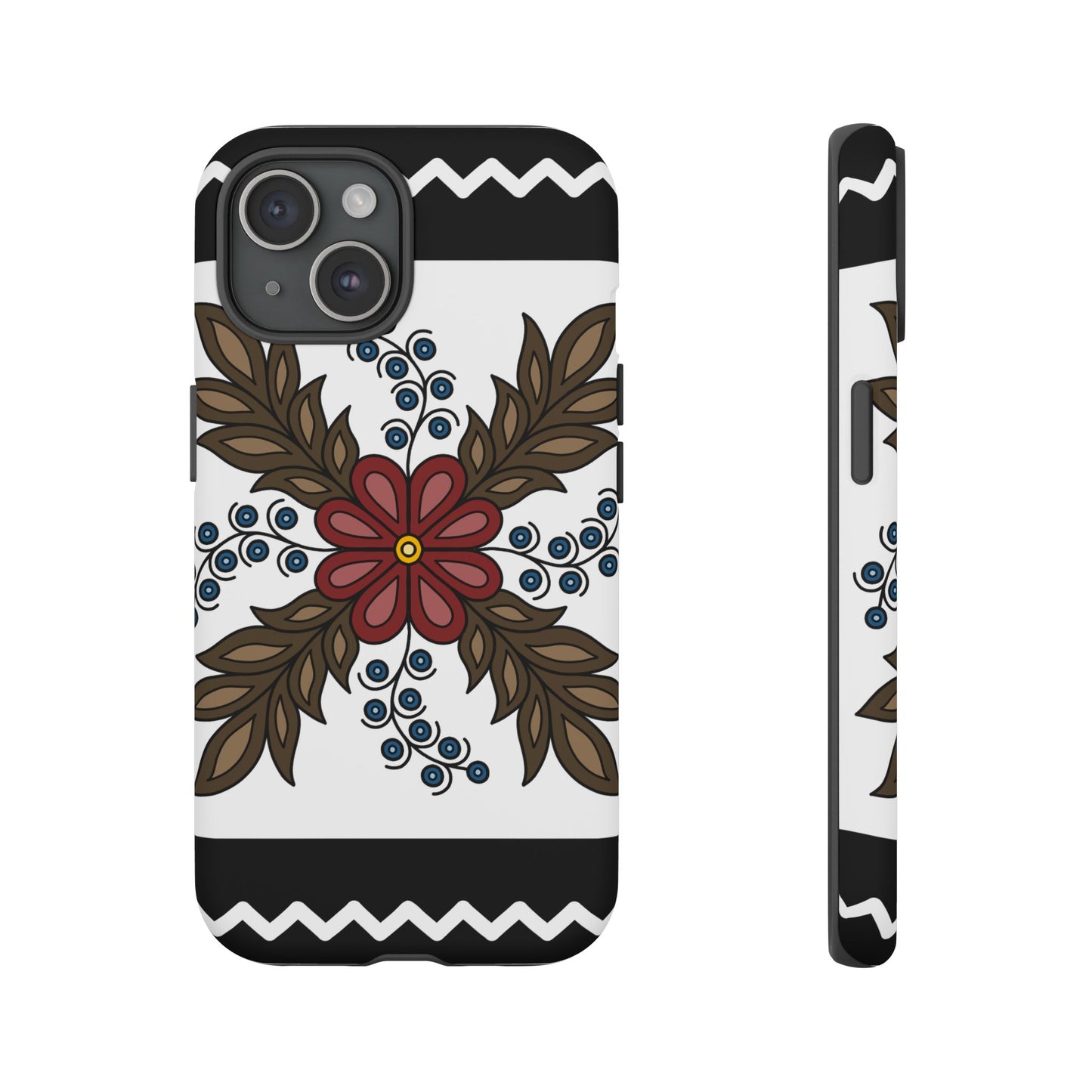 Traditional Style Ojibwe Floral Design With Zig-Zag Geometric Border Design - Tough Phone Cases - Black