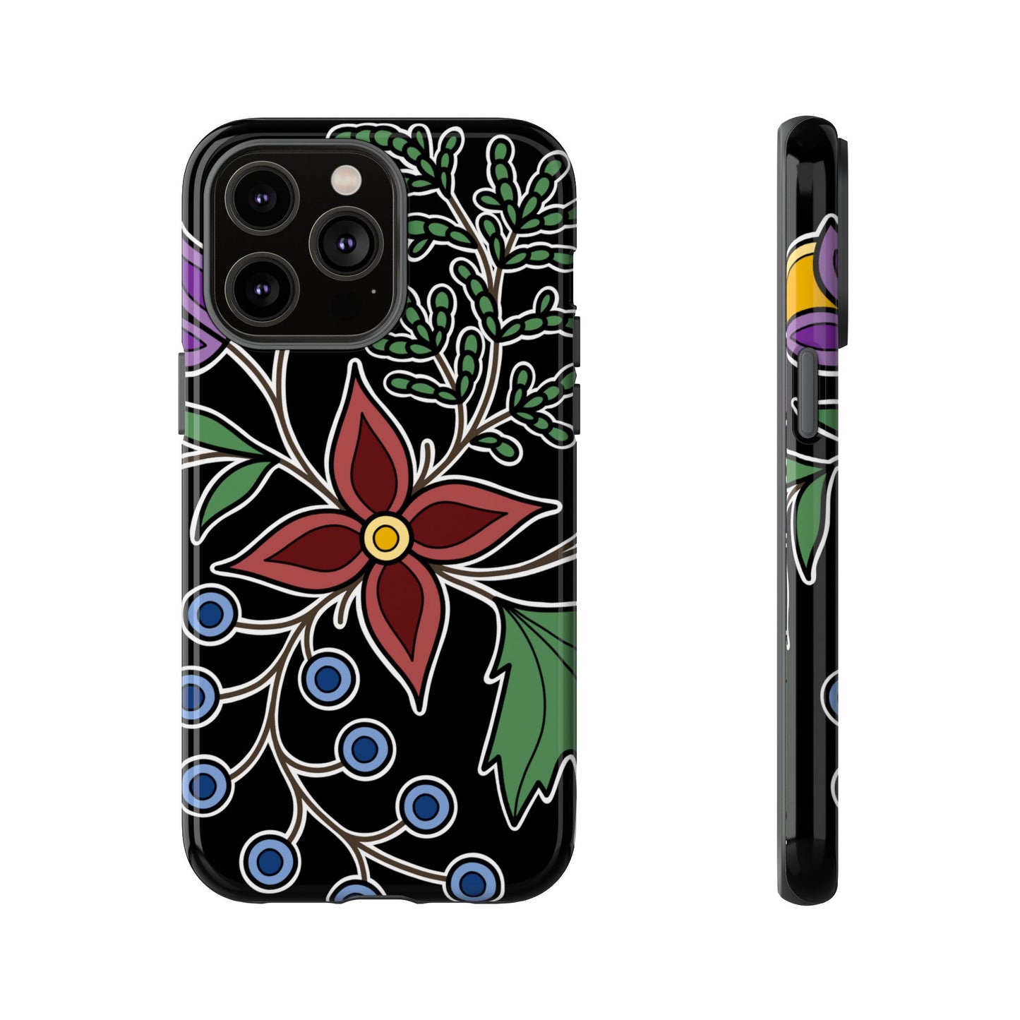 Giizhik (Cedar) & Miinan (Blueberries) Ojibwe Floral Tough Phone Cases - Black