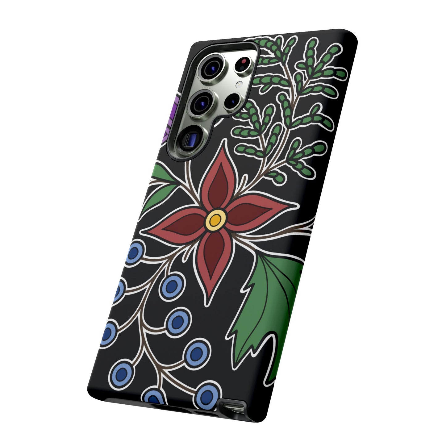 Giizhik (Cedar) & Miinan (Blueberries) Ojibwe Floral Tough Phone Cases - Black