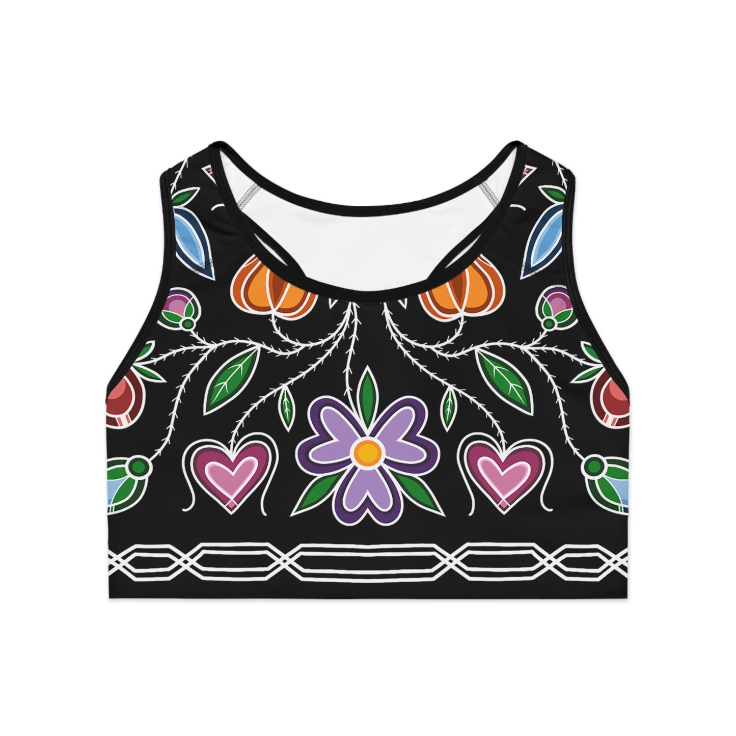 Gashkibidaagan Ojibwe Floral Design With Otter Track Geometric Border - Sports Bra