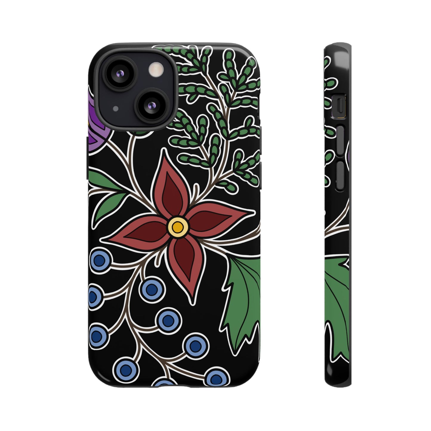 Giizhik (Cedar) & Miinan (Blueberries) Ojibwe Floral Tough Phone Cases - Black