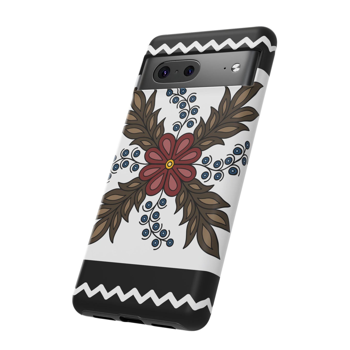 Traditional Style Ojibwe Floral Design With Zig-Zag Geometric Border Design - Tough Phone Cases - Black