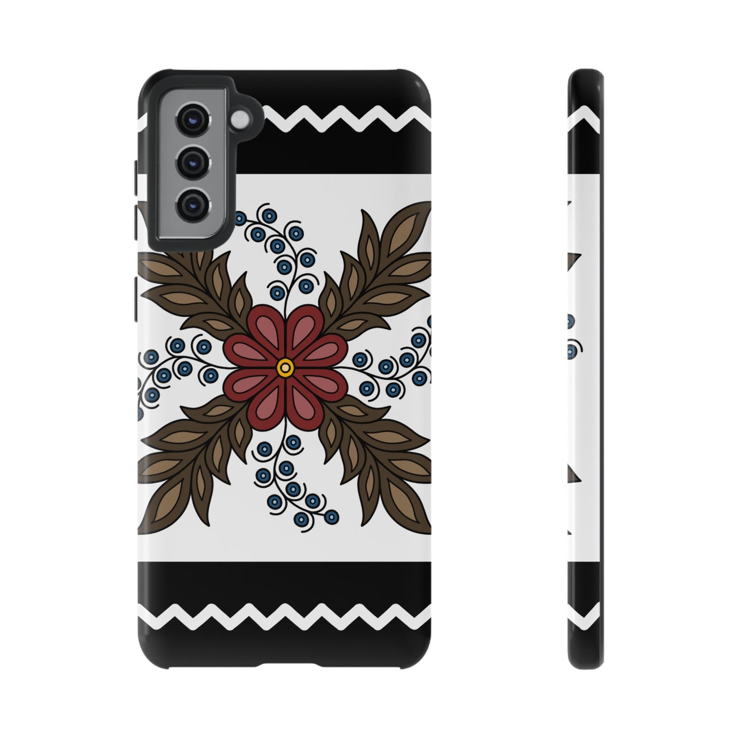 Traditional Style Ojibwe Floral Design With Zig-Zag Geometric Border Design - Tough Phone Cases - Black