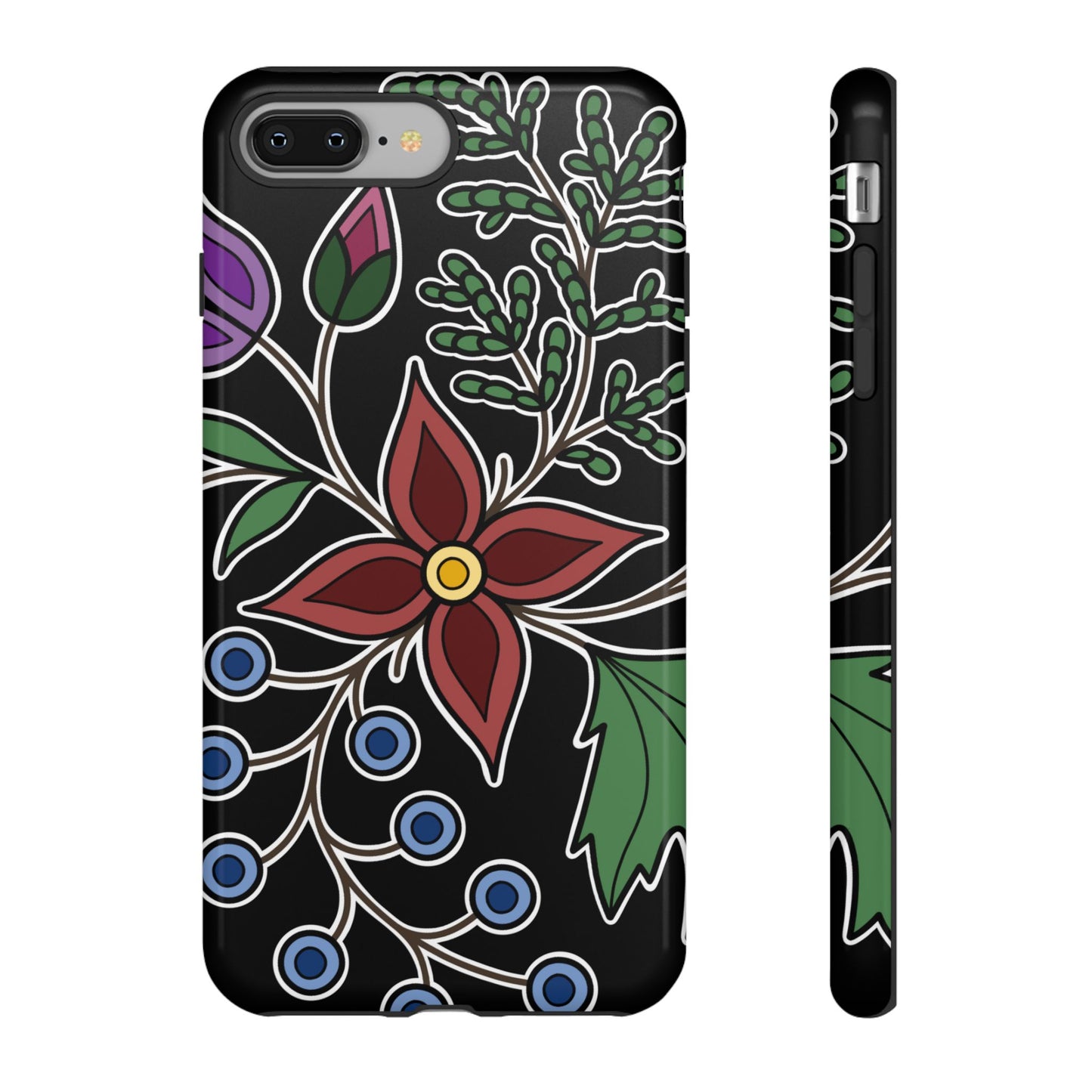 Giizhik (Cedar) & Miinan (Blueberries) Ojibwe Floral Tough Phone Cases - Black