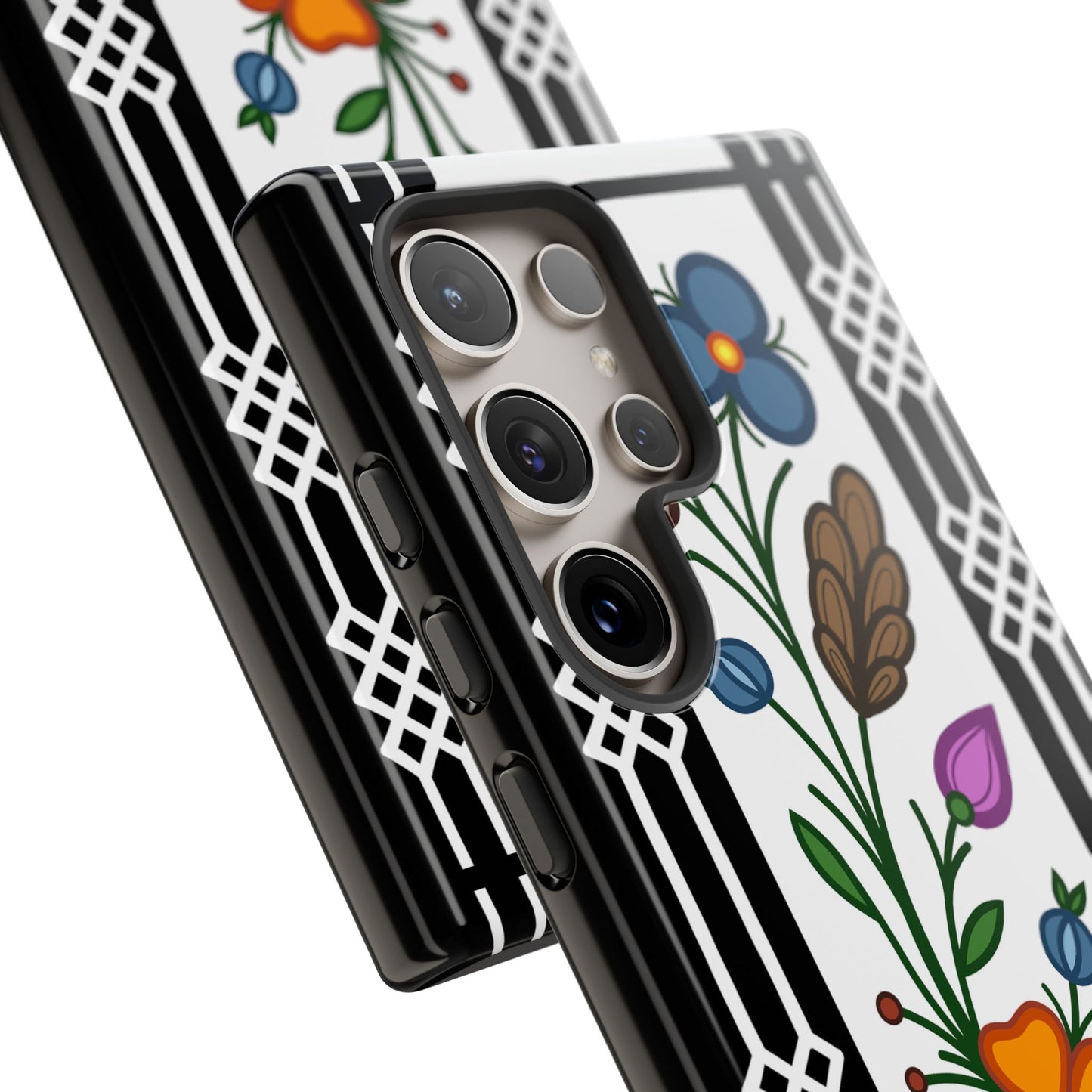 Ojibwe Floral Panel & Otter Track Geometric Border - Tough Phone Cases - Black