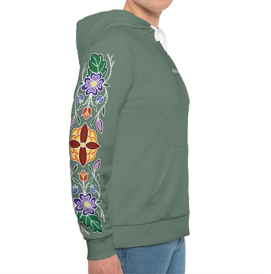 Niibin (Summer) Inspired Ojibwe Floral Sleeve Design - Sage Green Unisex Hoodie