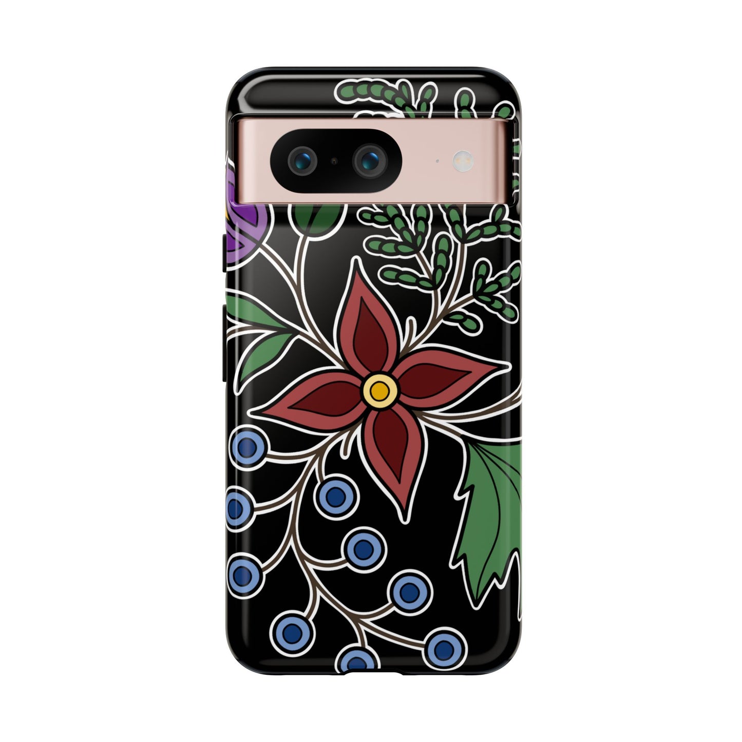 Giizhik (Cedar) & Miinan (Blueberries) Ojibwe Floral Tough Phone Cases - Black