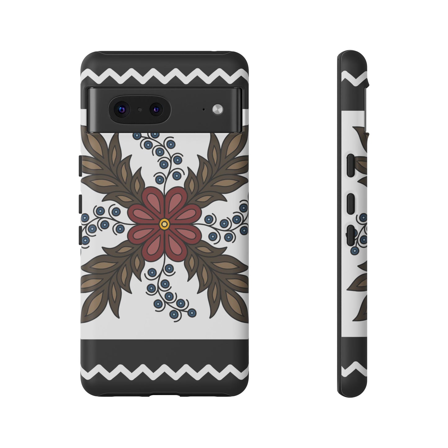 Traditional Style Ojibwe Floral Design With Zig-Zag Geometric Border Design - Tough Phone Cases - Black