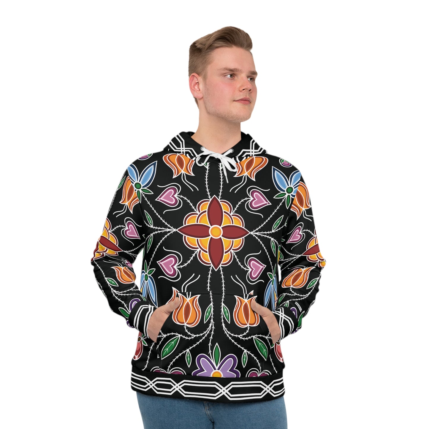 Aazhooningwa’on (bandolier bag) Inspired, Woodland Ojibwe Floral Panel Design with Otter Track Border Design - Unisex Hoodie