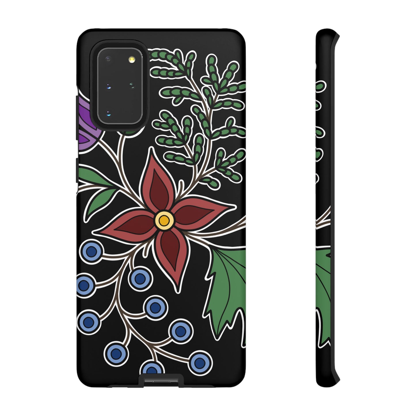 Giizhik (Cedar) & Miinan (Blueberries) Ojibwe Floral Tough Phone Cases - Black