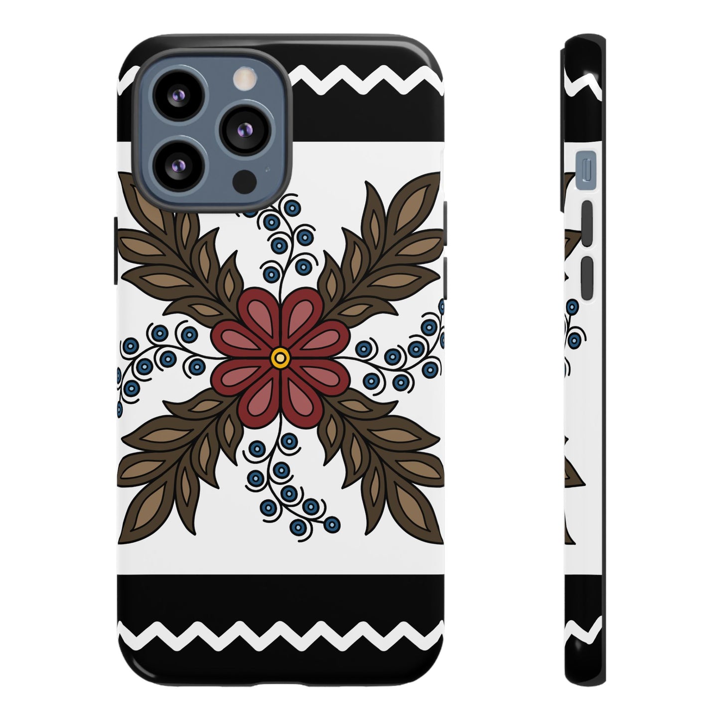 Traditional Style Ojibwe Floral Design With Zig-Zag Geometric Border Design - Tough Phone Cases - Black