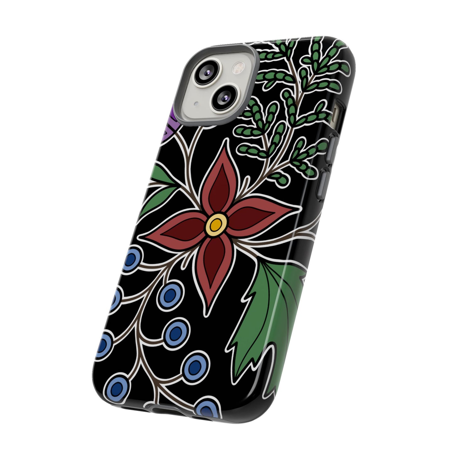 Giizhik (Cedar) & Miinan (Blueberries) Ojibwe Floral Tough Phone Cases - Black