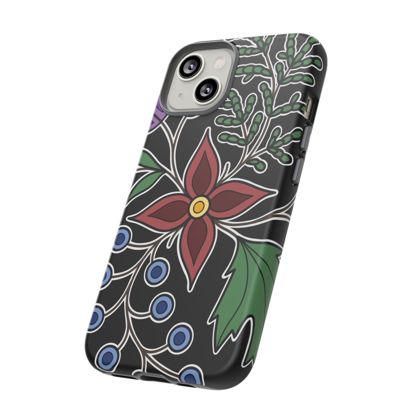 Giizhik (Cedar) & Miinan (Blueberries) Ojibwe Floral Tough Phone Cases - Black