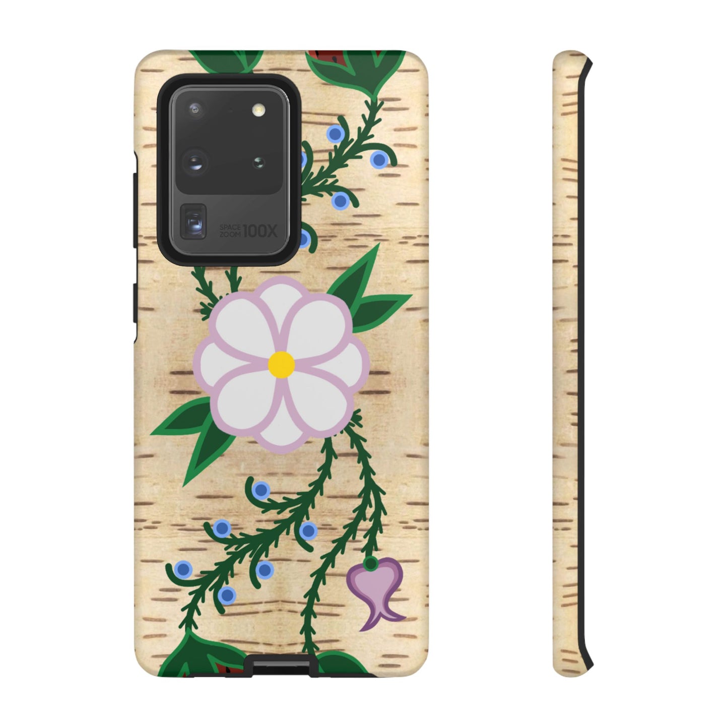 Birchbark Print Ojibwe Floral Tough Phone Cases - Black