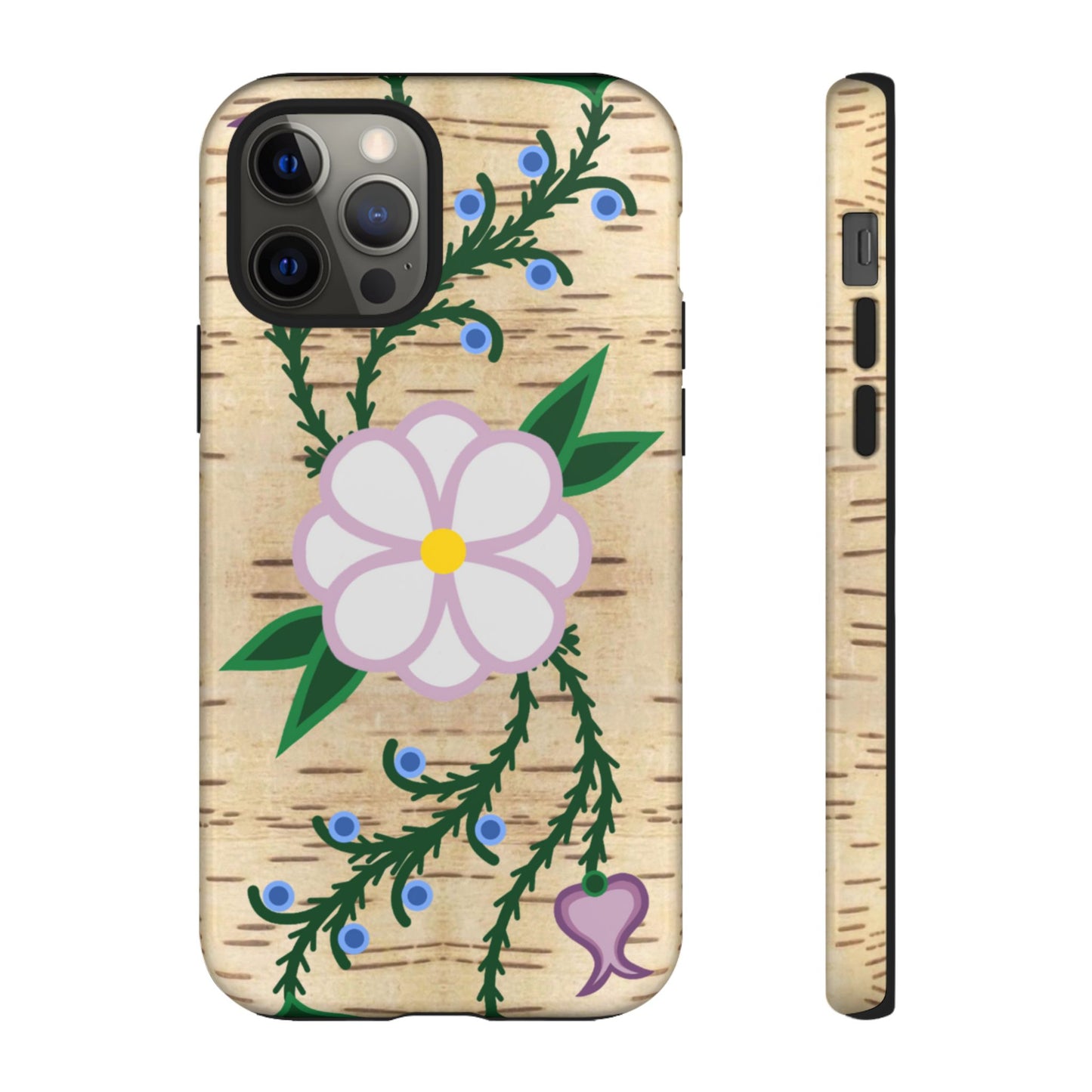 Birchbark Print Ojibwe Floral Tough Phone Cases - Black