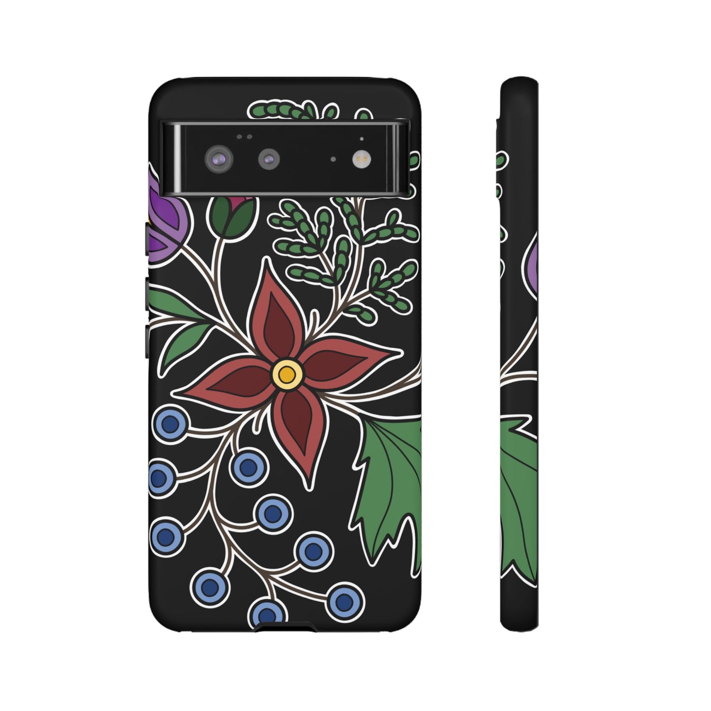 Giizhik (Cedar) & Miinan (Blueberries) Ojibwe Floral Tough Phone Cases - Black