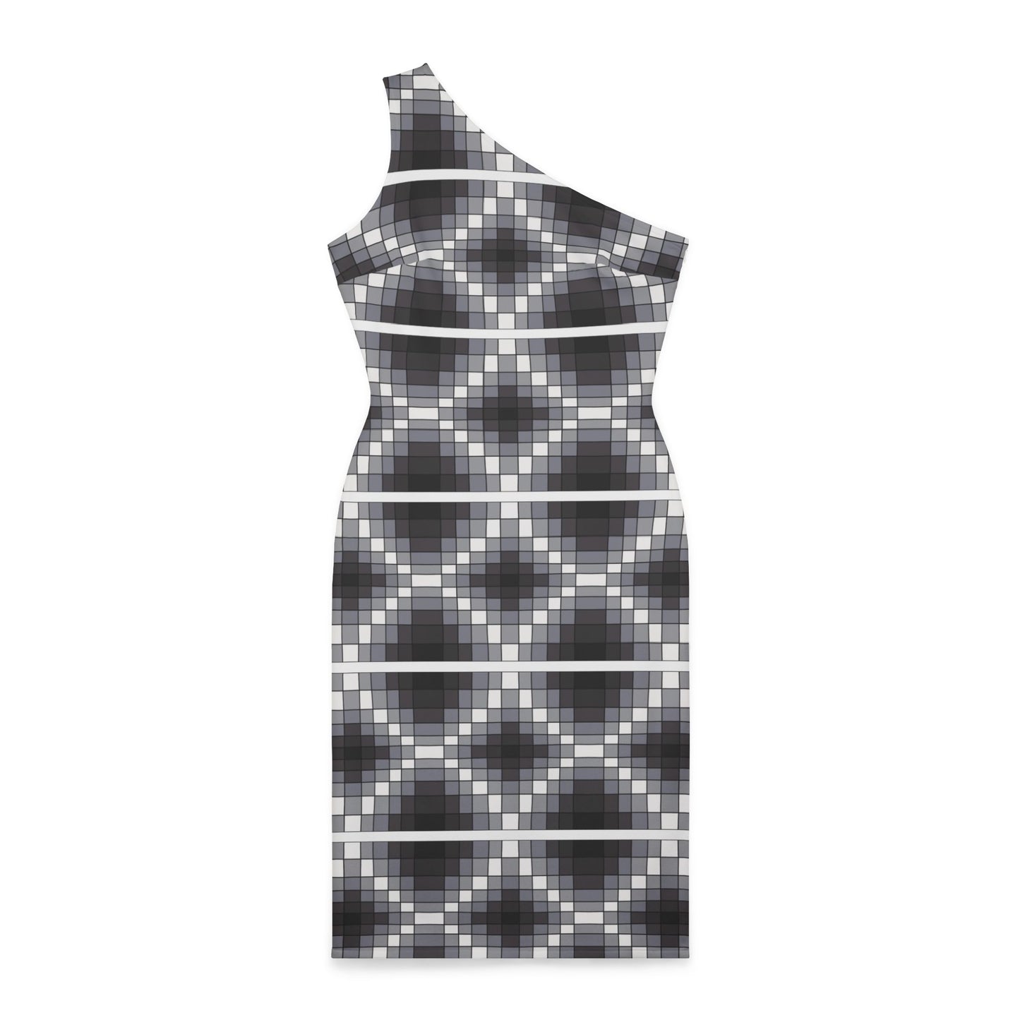 Geometric Print - Classy One Shoulder Strap Dress - Black & Gray