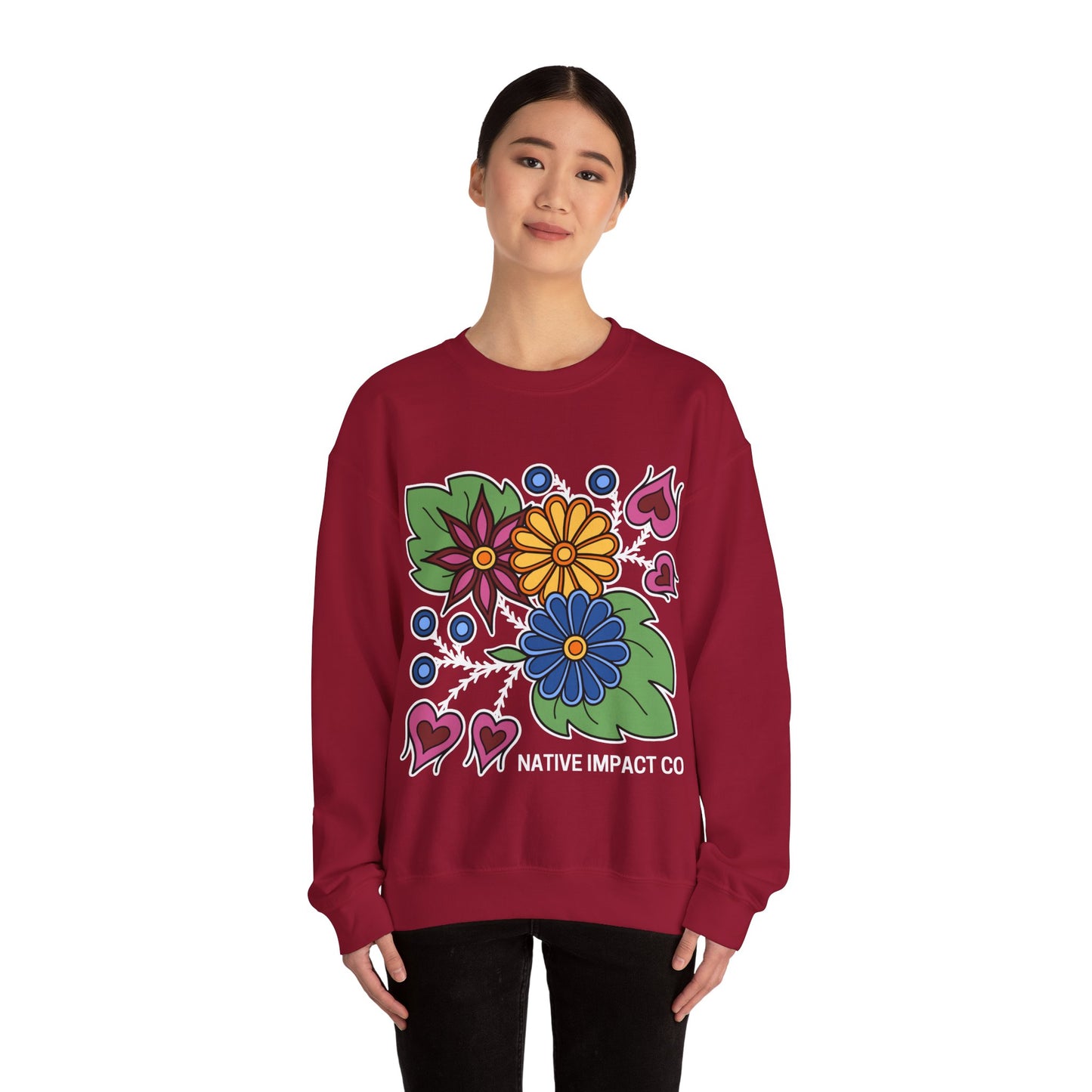 Hearts & Berries Contemporary Ojibwe Floral Design - Unisex Gildan Heavy Blend™ Crewneck Sweatshirt