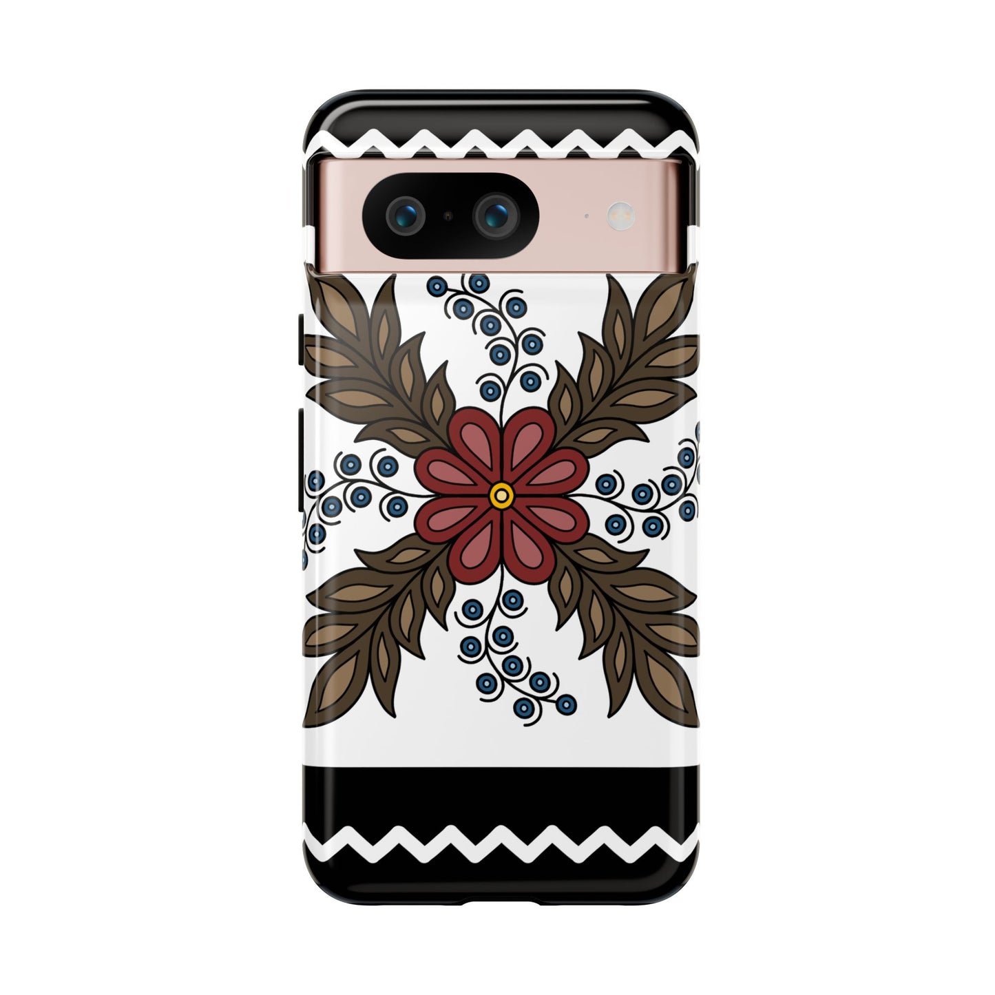 Traditional Style Ojibwe Floral Design With Zig-Zag Geometric Border Design - Tough Phone Cases - Black