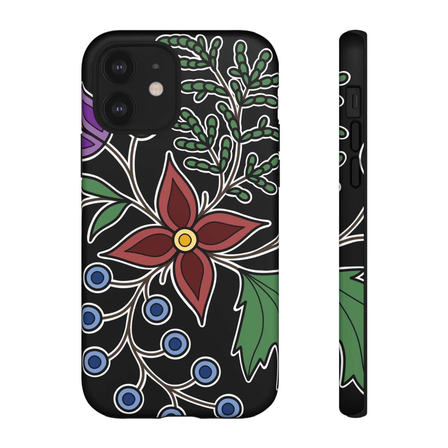 Giizhik (Cedar) & Miinan (Blueberries) Ojibwe Floral Tough Phone Cases - Black