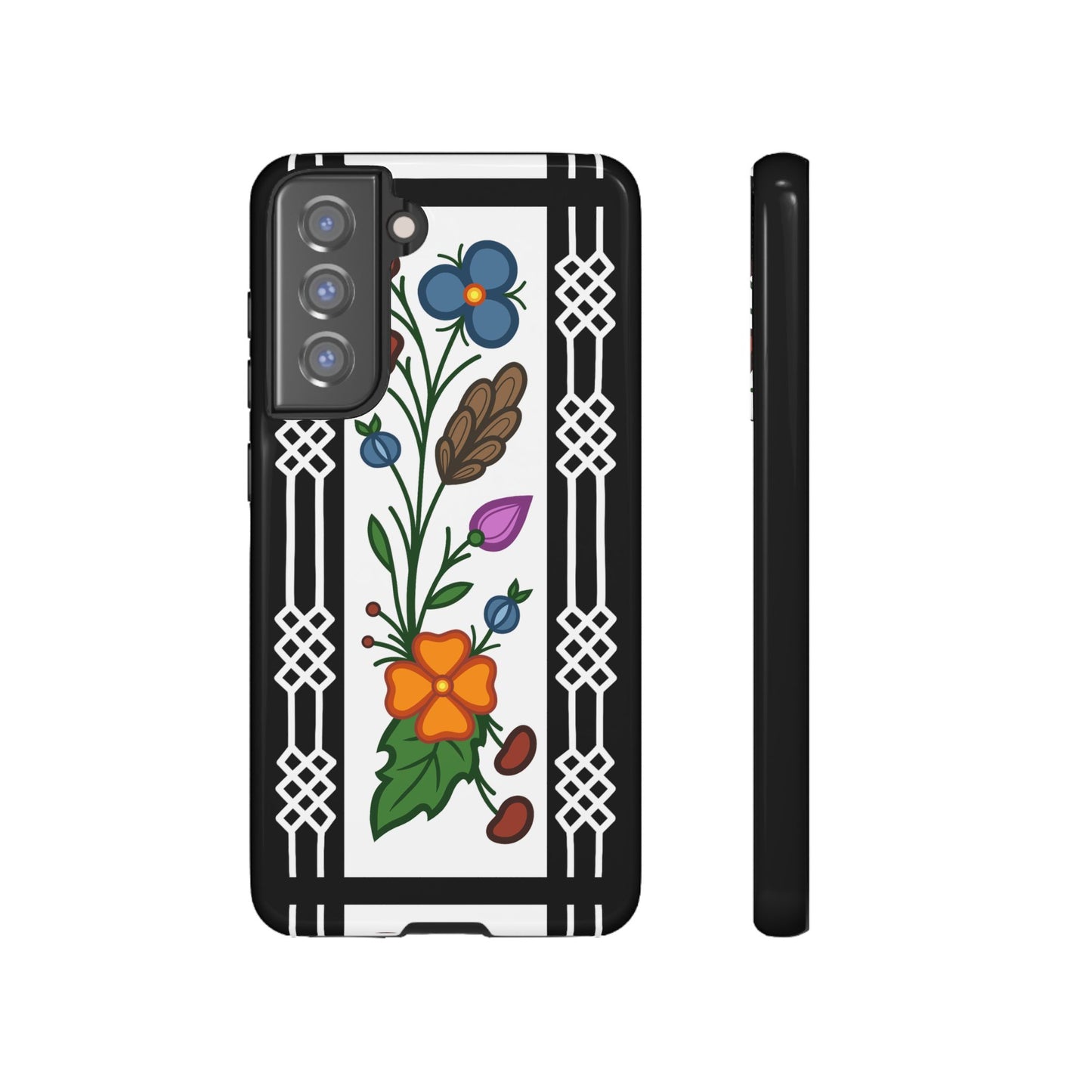 Ojibwe Floral Panel & Otter Track Geometric Border - Tough Phone Cases - Black