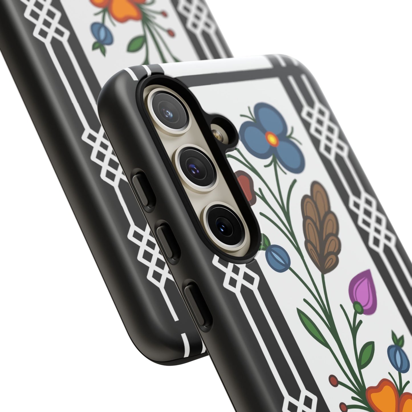 Ojibwe Floral Panel & Otter Track Geometric Border - Tough Phone Cases - Black