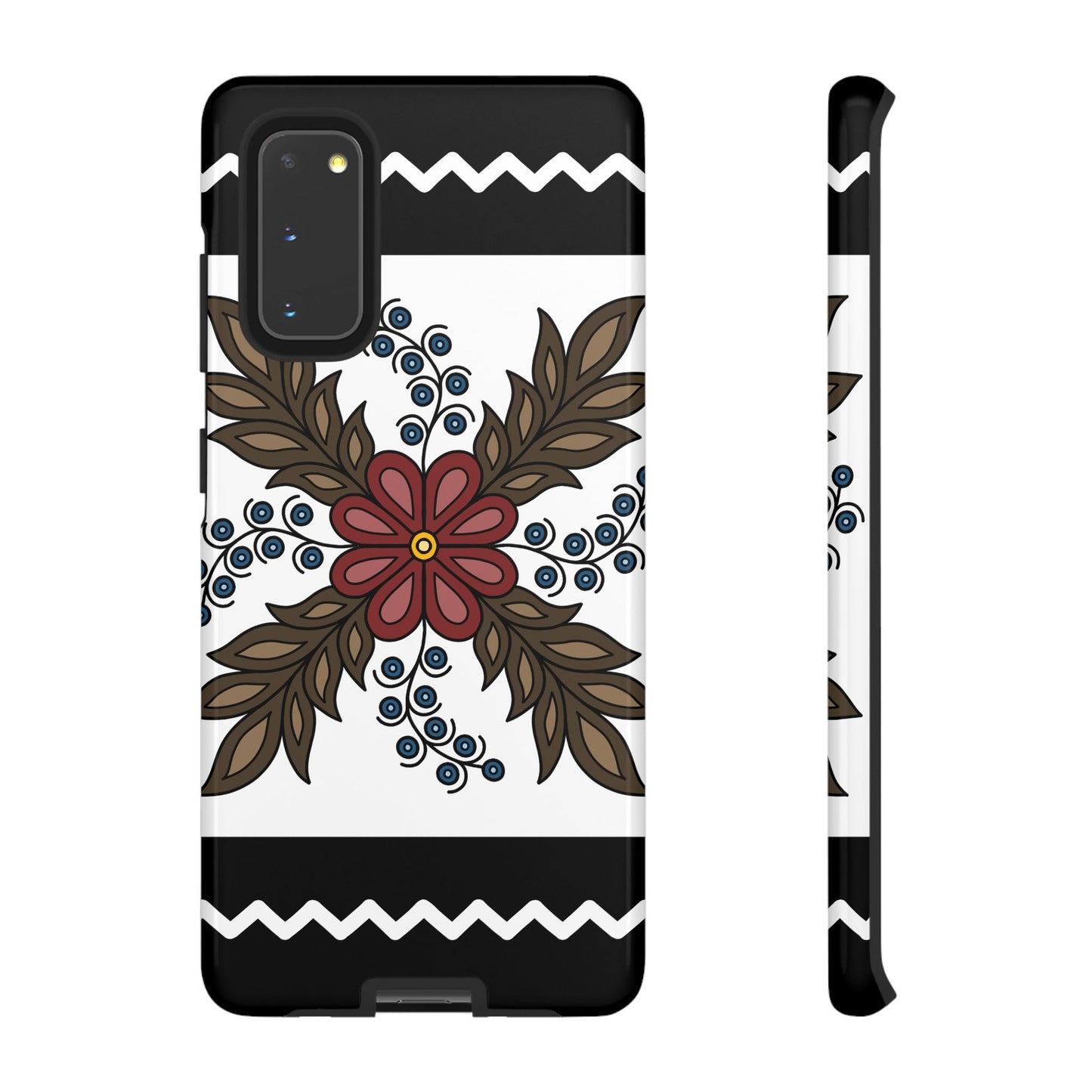 Traditional Style Ojibwe Floral Design With Zig-Zag Geometric Border Design - Tough Phone Cases - Black