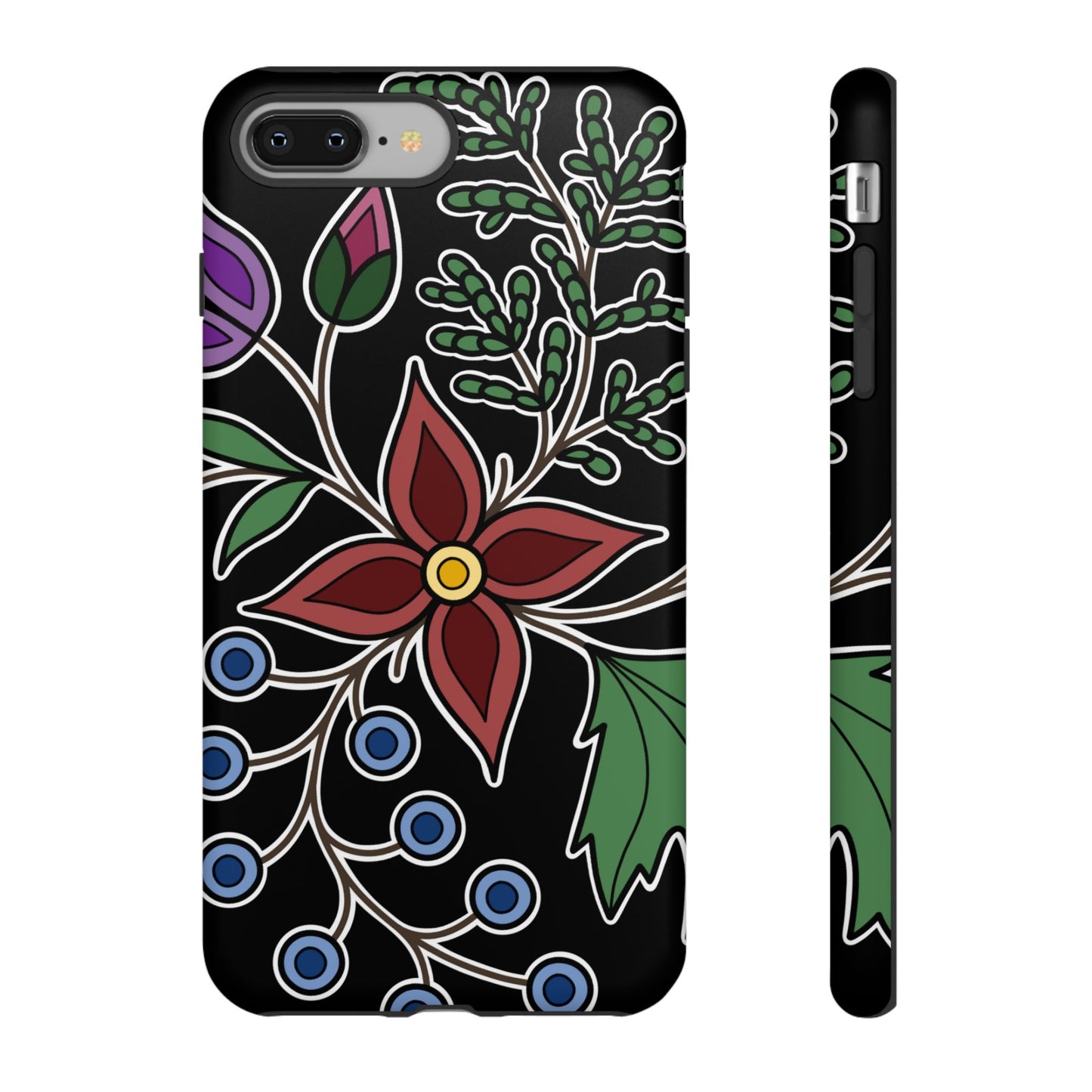 Giizhik (Cedar) & Miinan (Blueberries) Ojibwe Floral Tough Phone Cases - Black