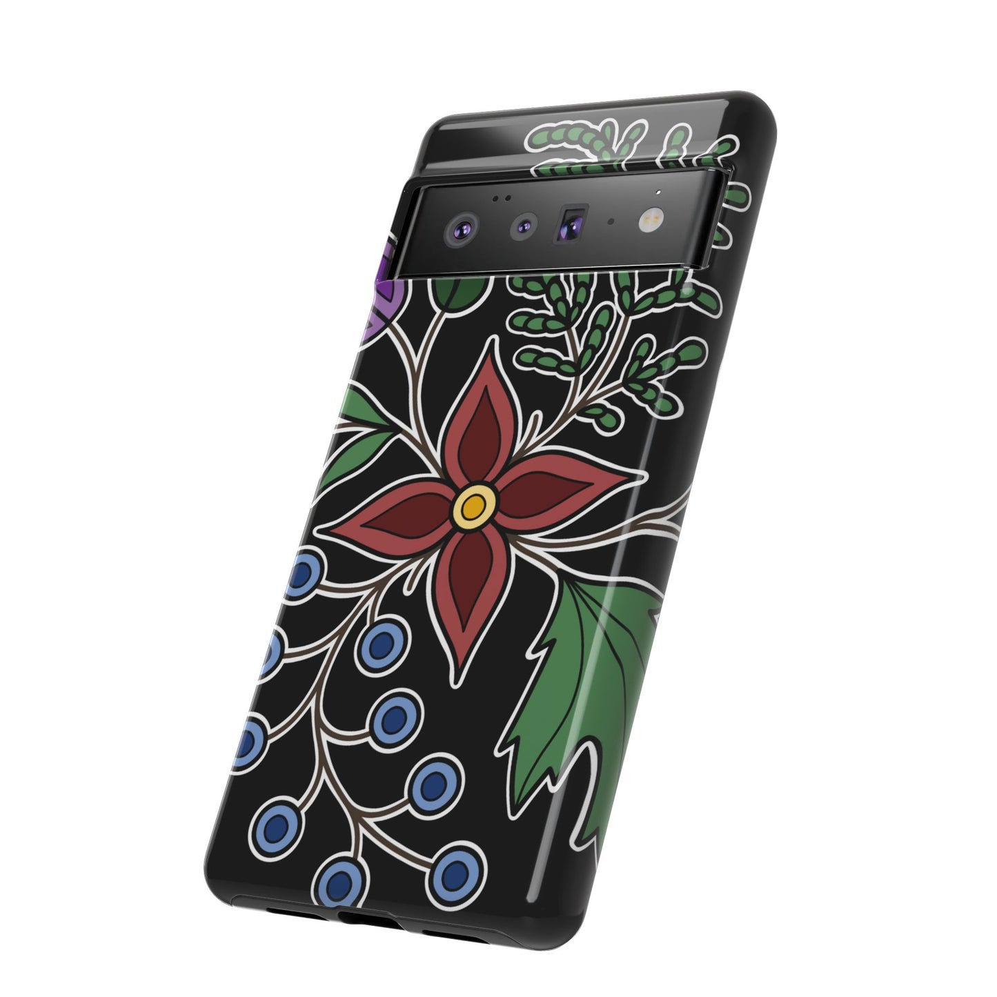 Giizhik (Cedar) & Miinan (Blueberries) Ojibwe Floral Tough Phone Cases - Black