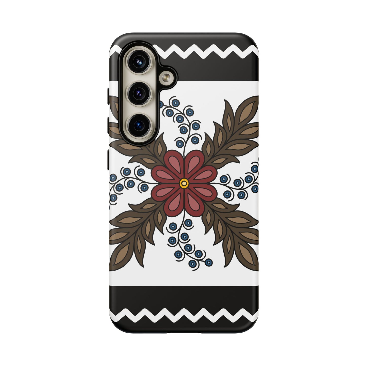 Traditional Style Ojibwe Floral Design With Zig-Zag Geometric Border Design - Tough Phone Cases - Black