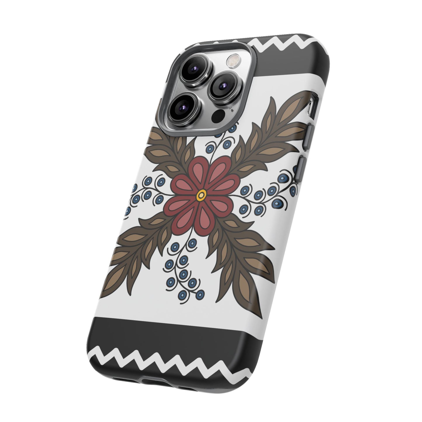 Traditional Style Ojibwe Floral Design With Zig-Zag Geometric Border Design - Tough Phone Cases - Black