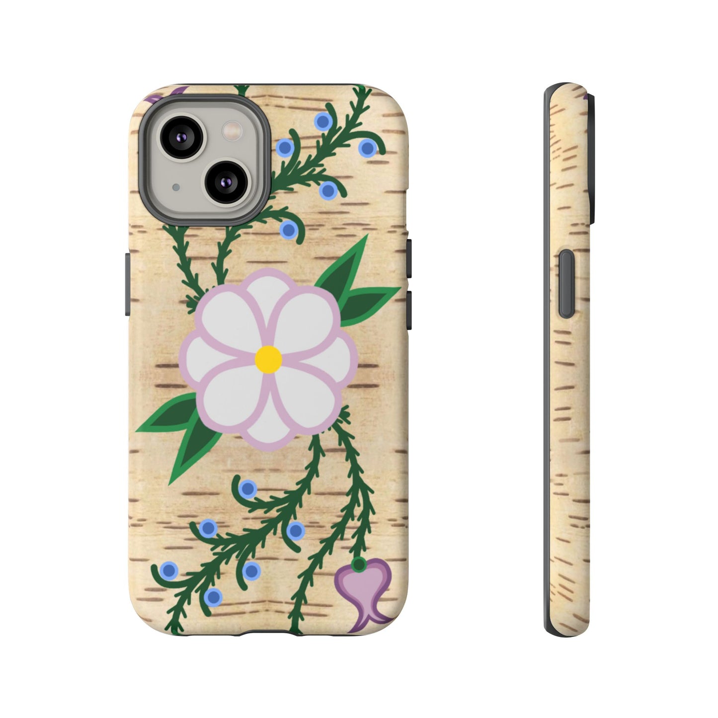 Birchbark Print Ojibwe Floral Tough Phone Cases - Black