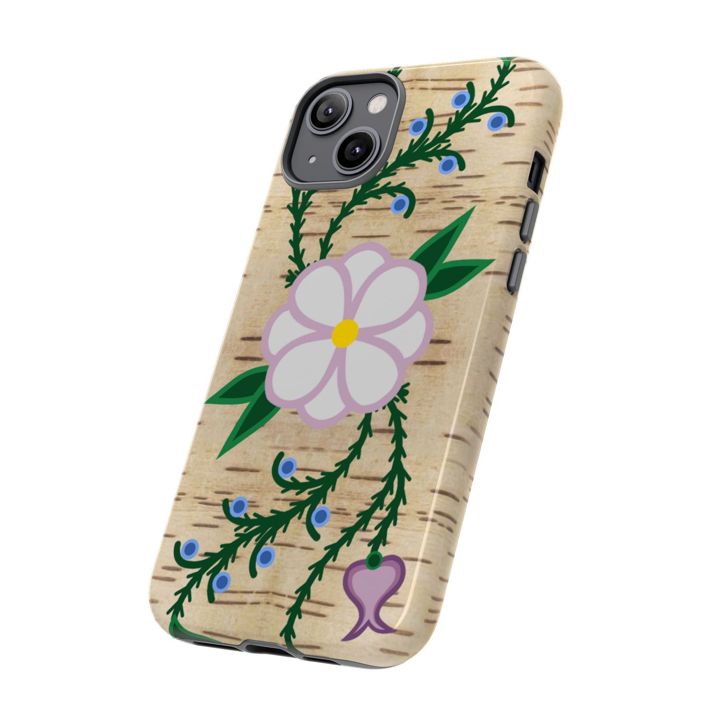 Birchbark Print Ojibwe Floral Tough Phone Cases - Black