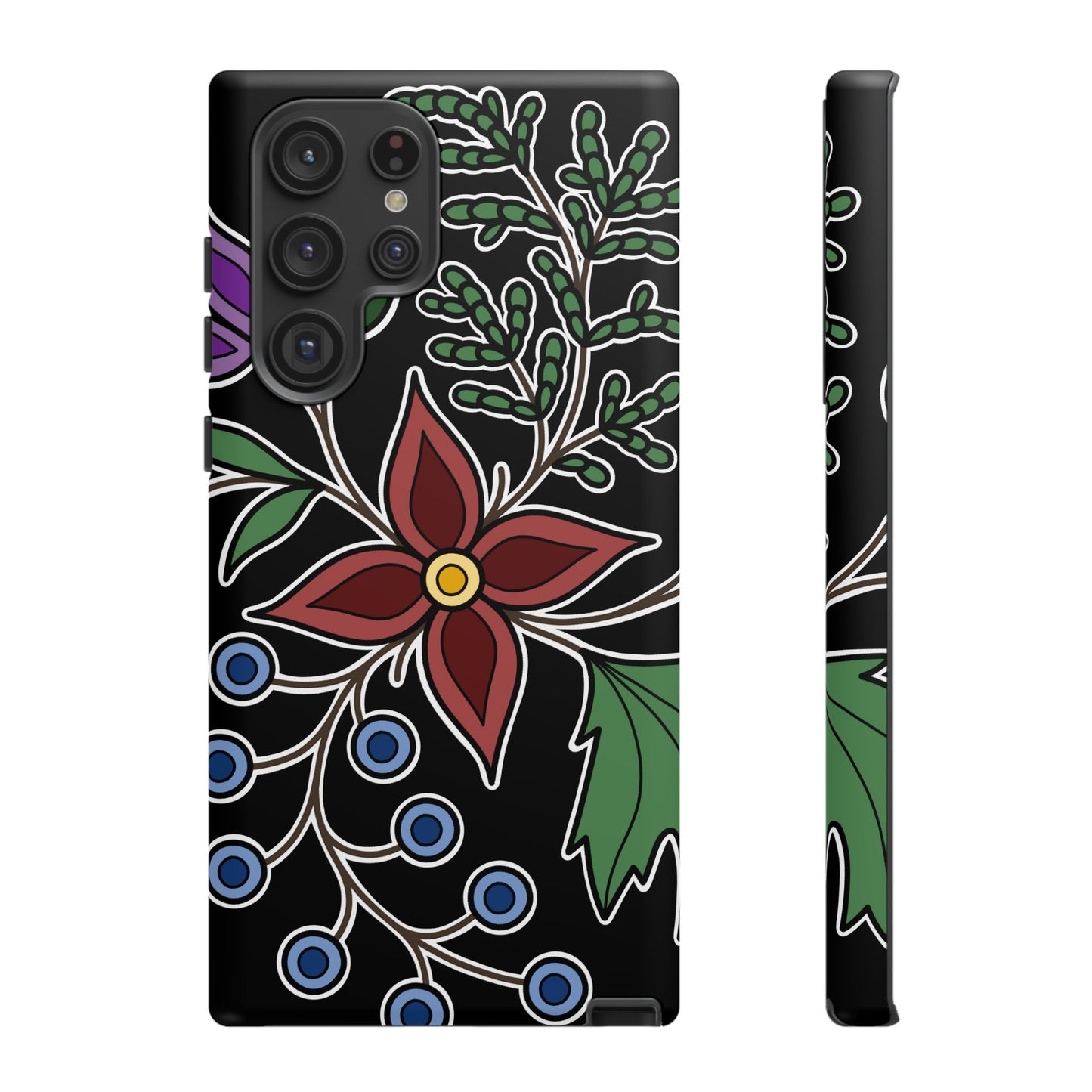 Giizhik (Cedar) & Miinan (Blueberries) Ojibwe Floral Tough Phone Cases - Black