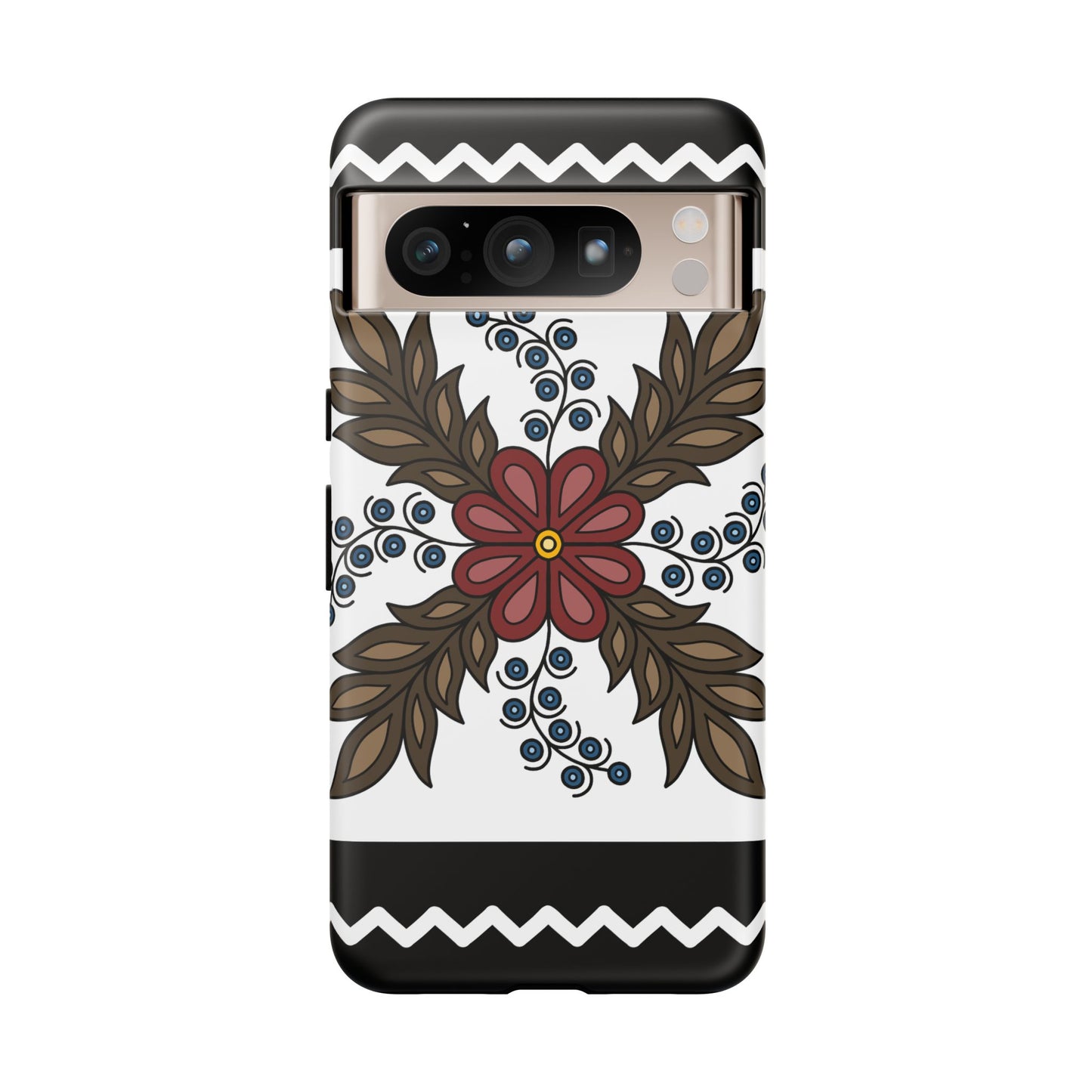 Traditional Style Ojibwe Floral Design With Zig-Zag Geometric Border Design - Tough Phone Cases - Black