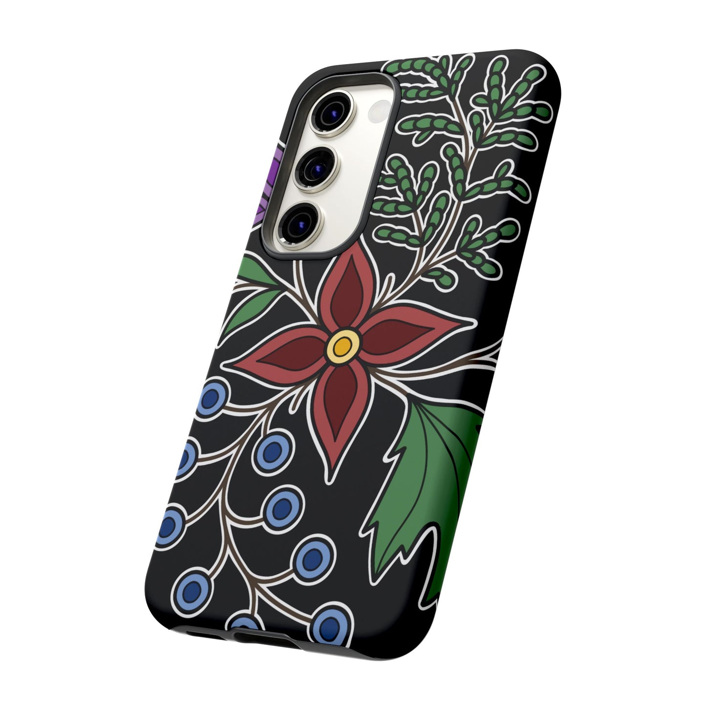 Giizhik (Cedar) & Miinan (Blueberries) Ojibwe Floral Tough Phone Cases - Black