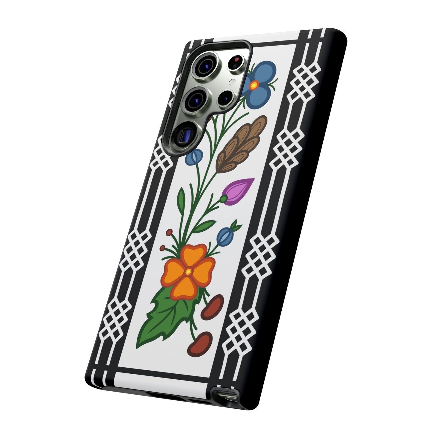 Ojibwe Floral Panel & Otter Track Geometric Border - Tough Phone Cases - Black