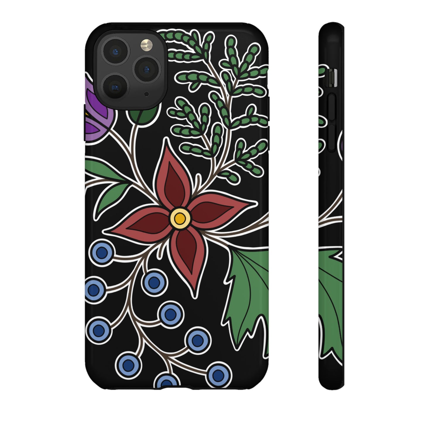 Giizhik (Cedar) & Miinan (Blueberries) Ojibwe Floral Tough Phone Cases - Black