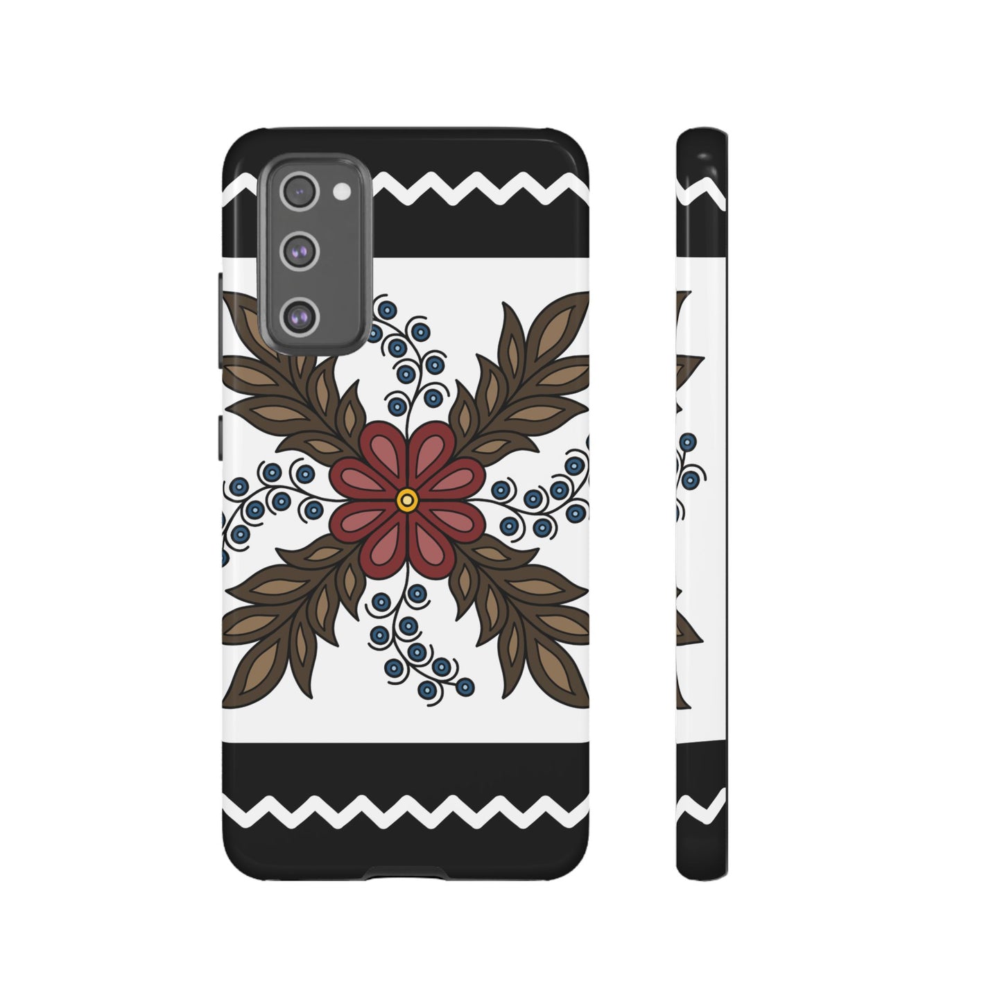 Traditional Style Ojibwe Floral Design With Zig-Zag Geometric Border Design - Tough Phone Cases - Black