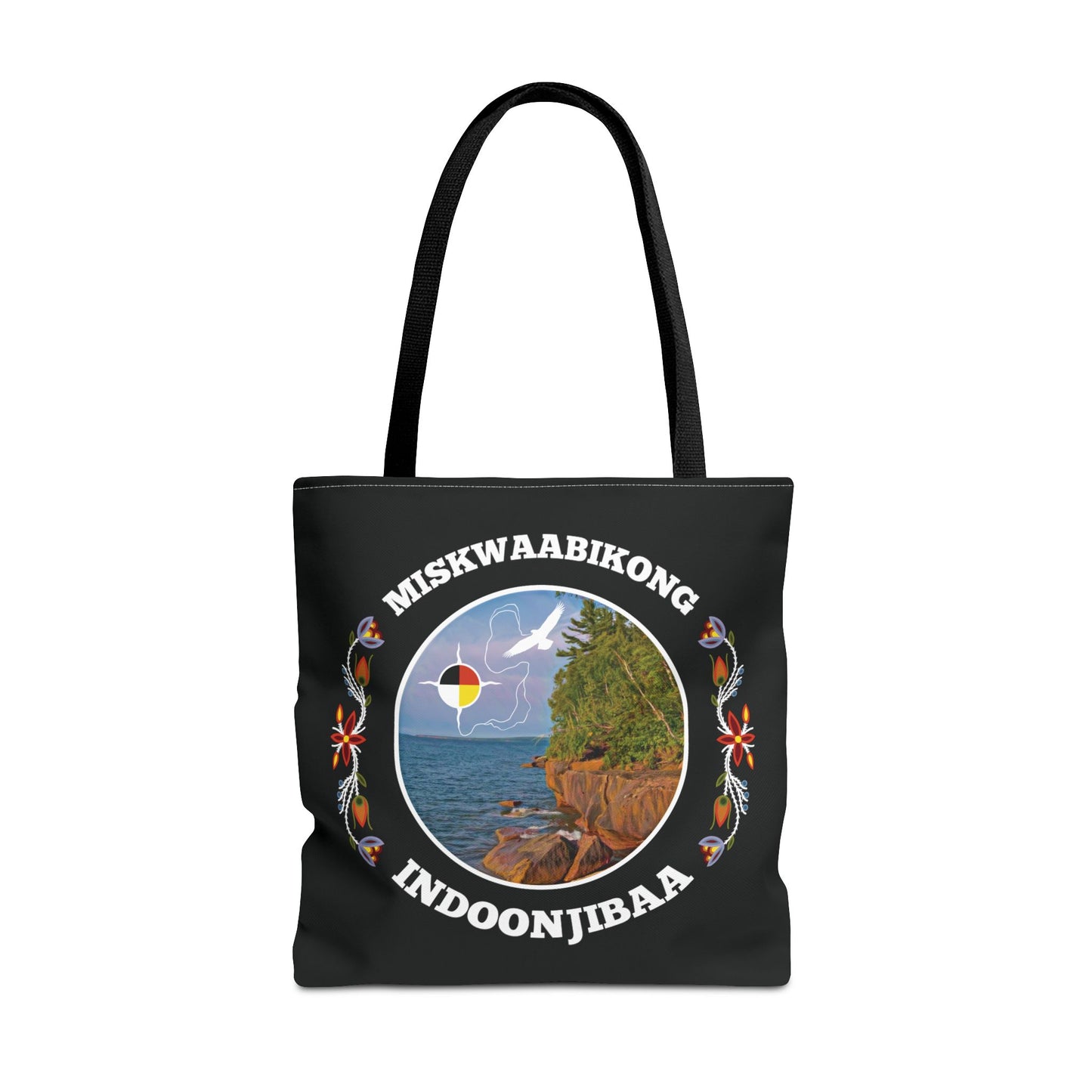 Red Cliff Shoreline & Ojibwe Florals Tote Bag