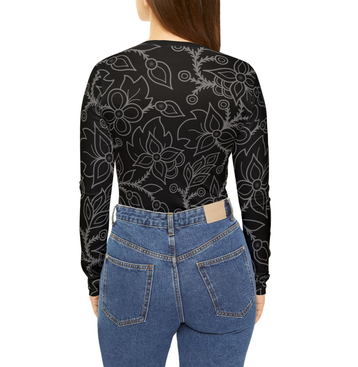 Woodland Ojibwe Floral All-Over-Print Design - Women's Long Sleeve V-neck Shirt - Black